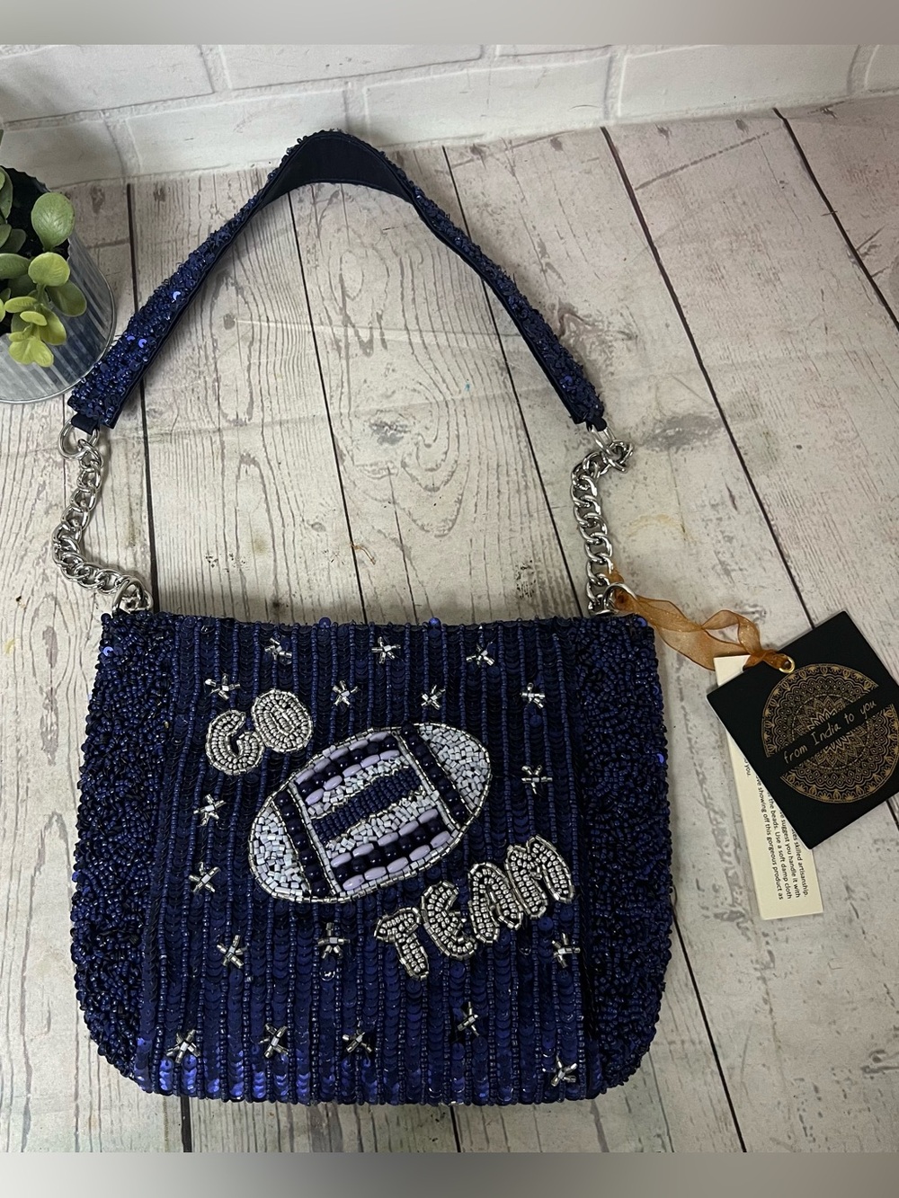 Viral Football Go Team Game Beaded Bag NWT New Stars Blue Embellished India
